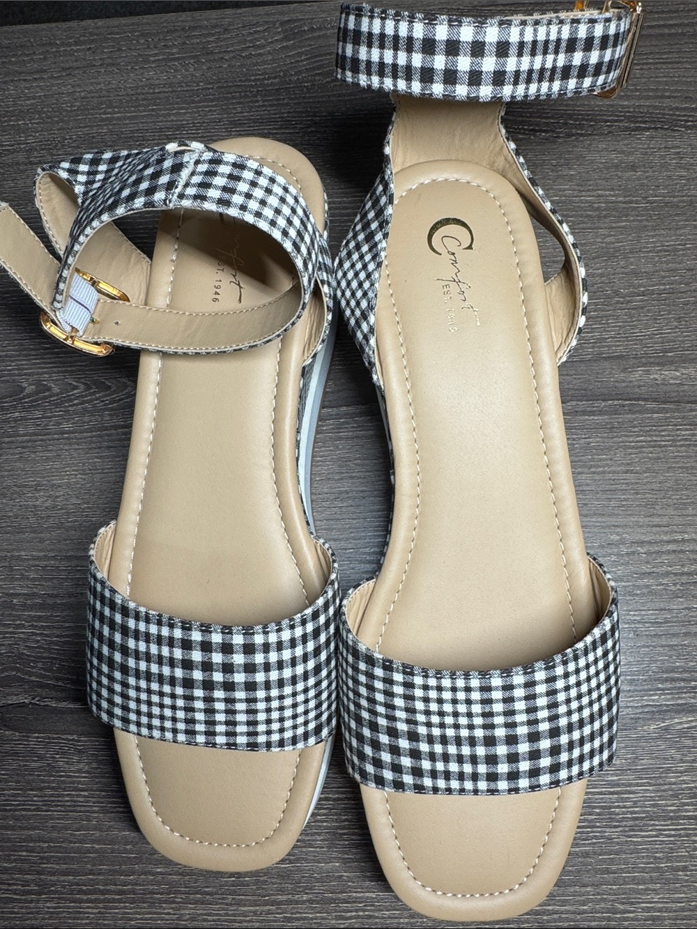 Comfortiva Black & White Gingham Ankle-Strap Sandals